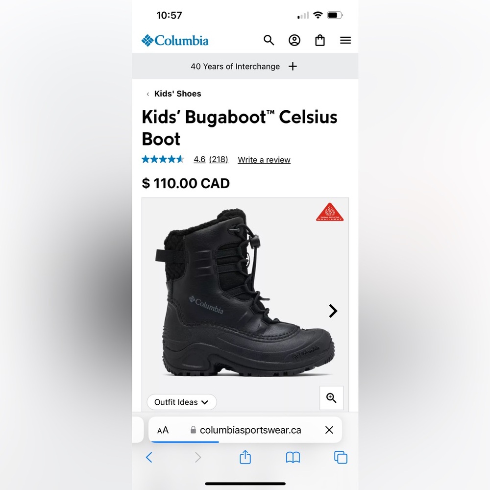Columbia Youth Bugaboot black winter boots, used only once! With box, Size 7